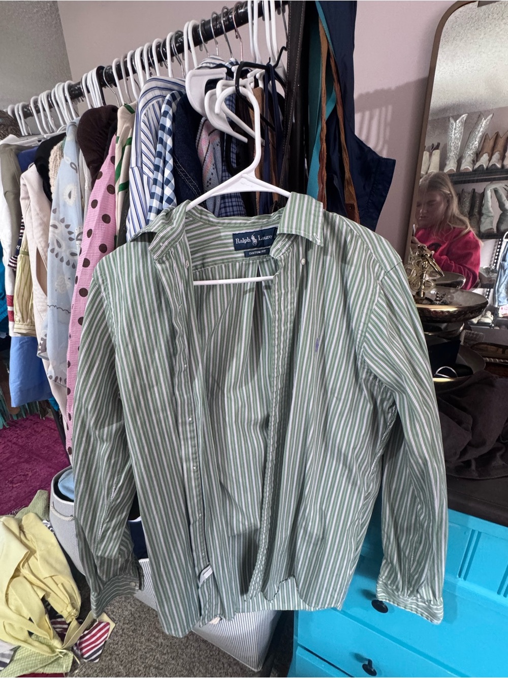 Ralph Lauren Green and White Striped Button-Down Shirt